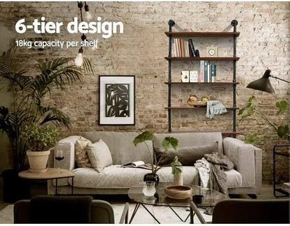 Industrial Pipe Bookshelf, 6 Layer Rustic Modern Wood Ladder Shelf - Image 8