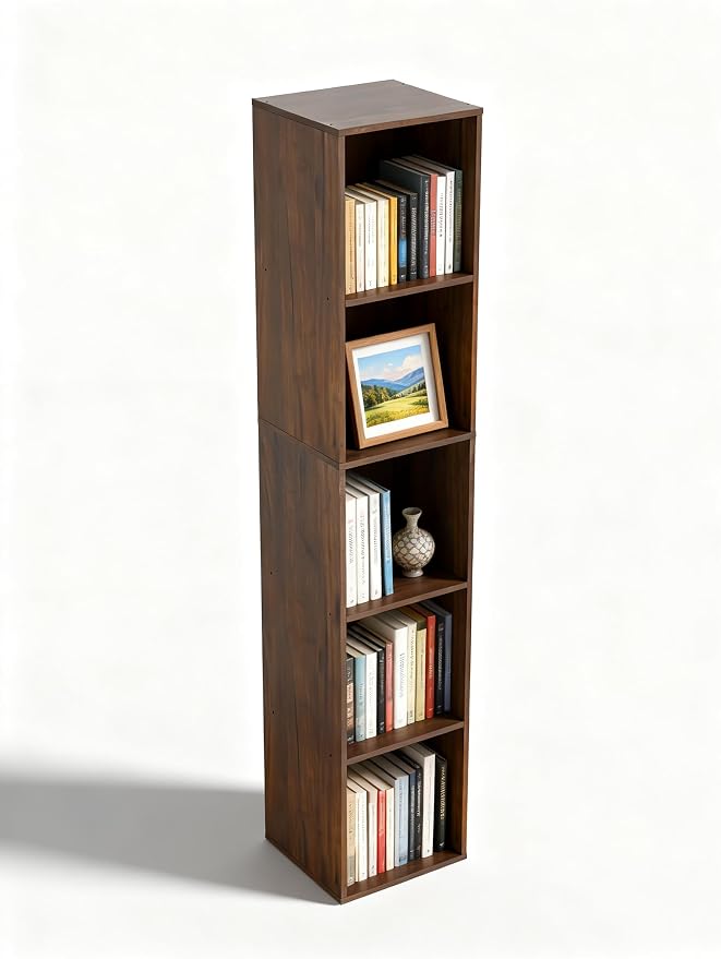5 Cube Storage Organizer, Narrow Open Shelf Bookcase, Freestanding 5 Tier Low by NewBeth