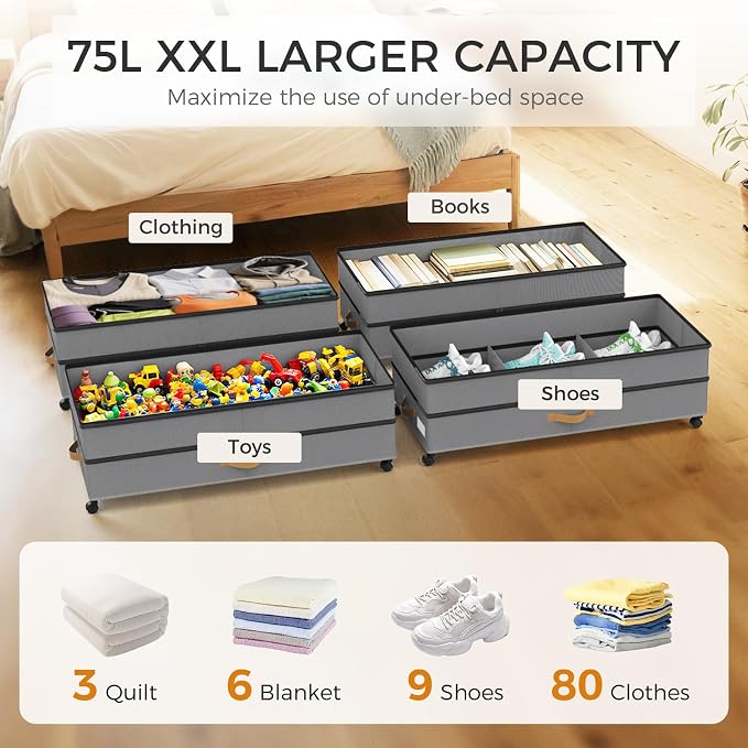 Under Bed Storage with Wheels 4-Pack, 75L XXL Under the Bed Storage Containers - Image 3