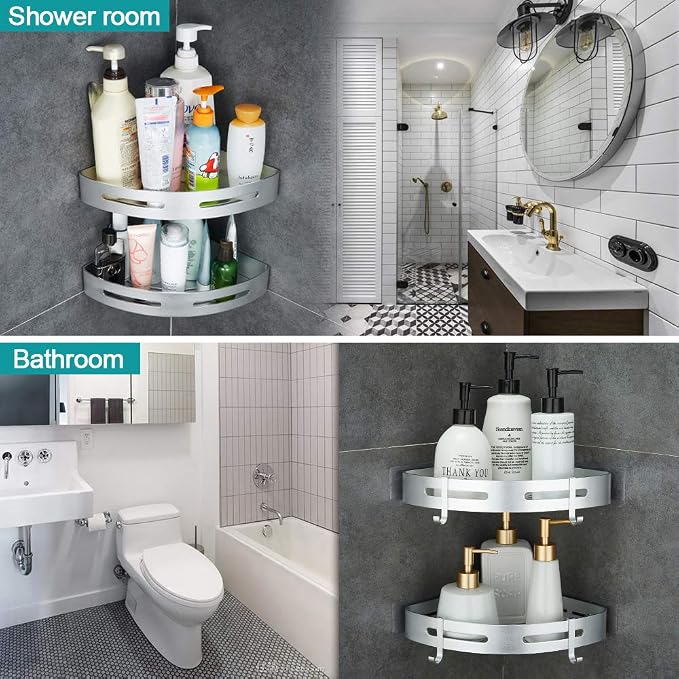 Hoomtaook Corner Caddy Bathroom Shower Shelf Wall Mounted No Drilling 2 Tier - Image 3