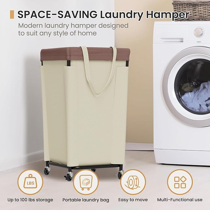 Laundry Basket with Wheels, Laundry Hamper with Removable Bag and Steel Frame - Image 7