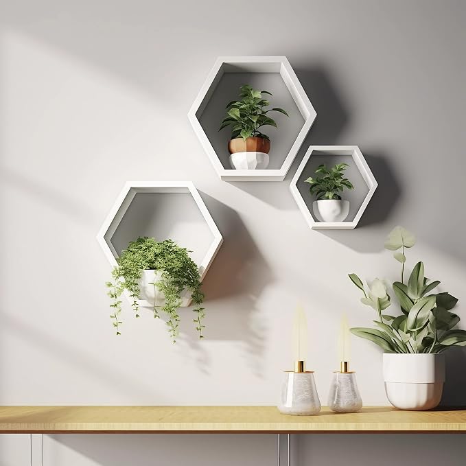 ROSE BLOOM Set of 3 White Wood Hexagon Shelves - Image 5