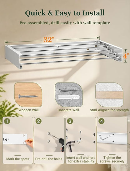 32'' Wall Mounted Clothes Drying Rack, Foldable & Collapsible Wall Mount - Image 6