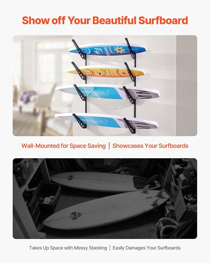 VEVOR Surfboard Wall Mount, 4 Tiers Horizontal Surfboard Rack - Image 2