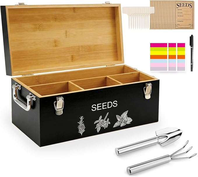 Natural Bamboo Seed Storage Organizer Box – Large Seeds Saver Kit Included by CleanKitchensHappyCooks