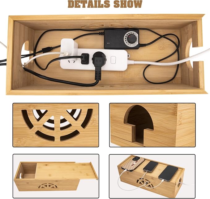 Cable Management Box, Cord Organizer Box, Bamboo Cable Organizer Box - Image 3