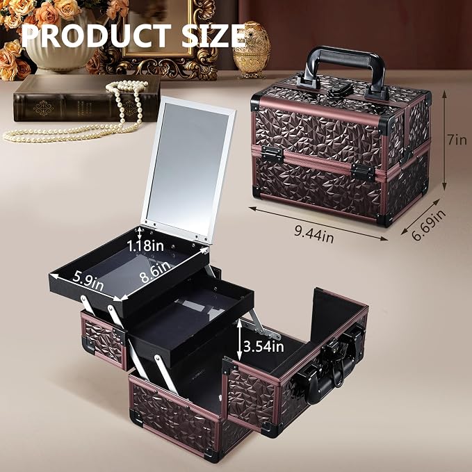 Joligrace Makeup Train Case Cosmetic Box Portable Makeup Case Organizer 2 Trays - Image 6