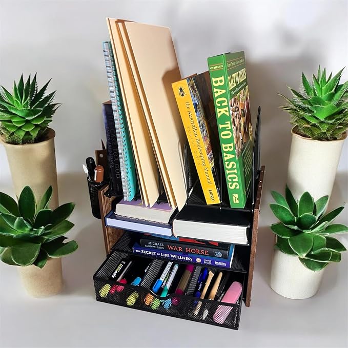 4-Tier Wood & Metal Desk Organizer – Vertical File Tray, Pen Holder & Drawer | - Image 3