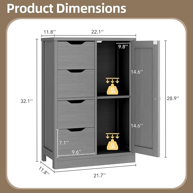 Walsunny Bathroom Floor Storage Cabinet, Wooden Storage Organizer - Image 2