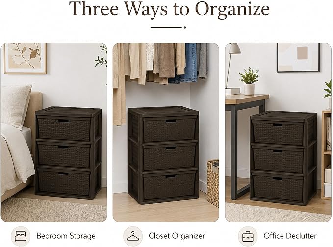 3 Drawer Wide Storage Tower, Cross-Weave Plastic, Espresso Brown | Tool-Free - Image 6
