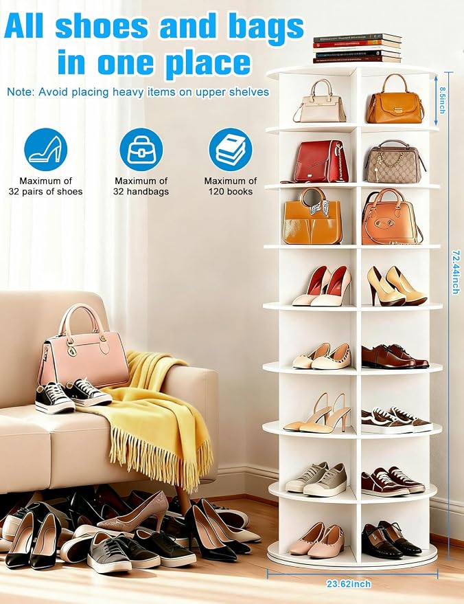 8 Tier Rotating Shoe Rack Tower, Spinning Shoe Organizer Rotating Shelf - Image 2