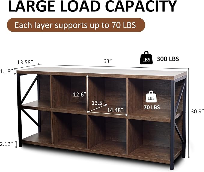 8 Cube Storage Organizer Bookshelf, Industrial Horizontal Bookcase, Accent - Image 2