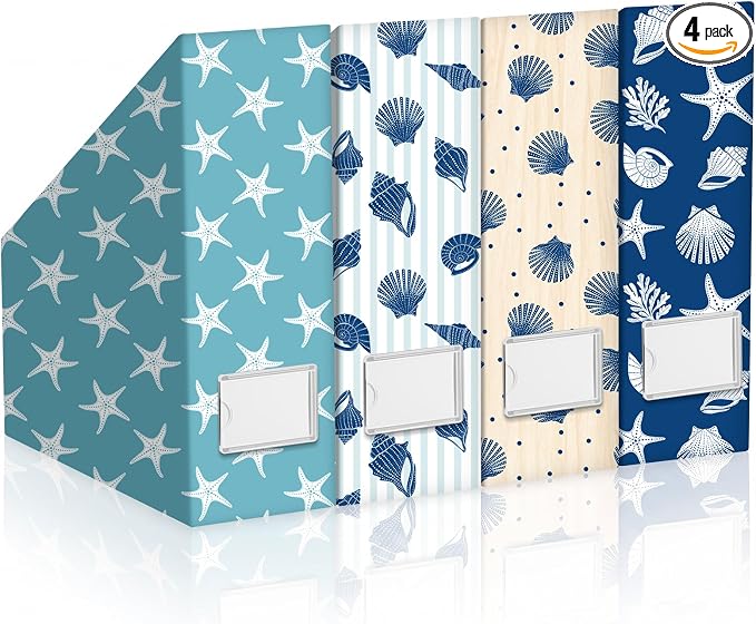 Coastal Magazine File Holder Decorative Set of 4 | Foldable Magazine Storage by Unknown