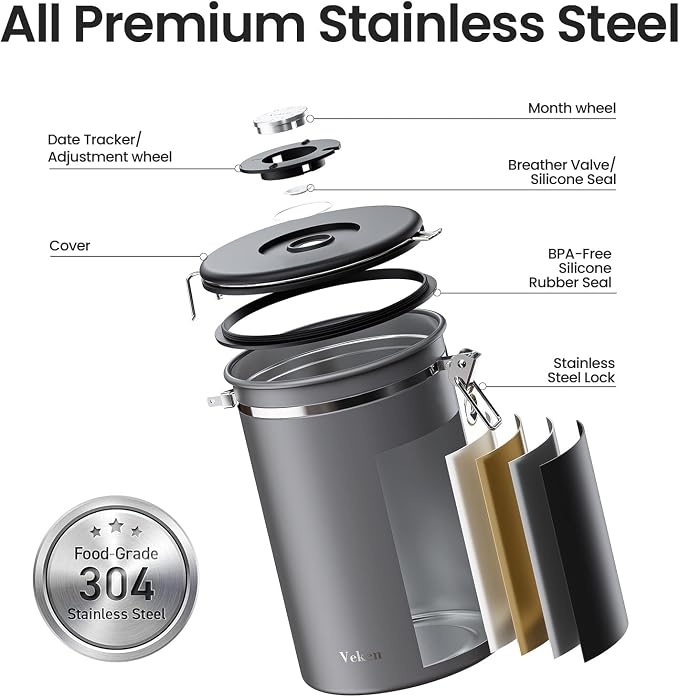 Veken Coffee Canister, 39OZ Large, Airtight Stainless Steel Food Storage - Image 5