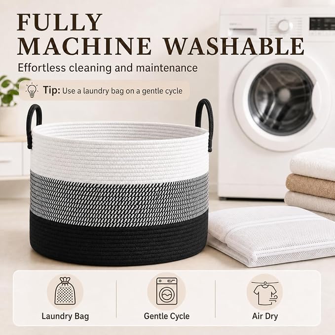 JMvicyroam 65L Extra Large Machine Washable Cotton Rope Blanket Basket | - Image 7