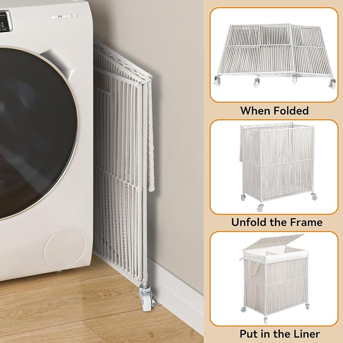 WOWLIVE Laundry Hamper with Wheels, Handwoven Rolling Laundry Basket with Lid - Image 7
