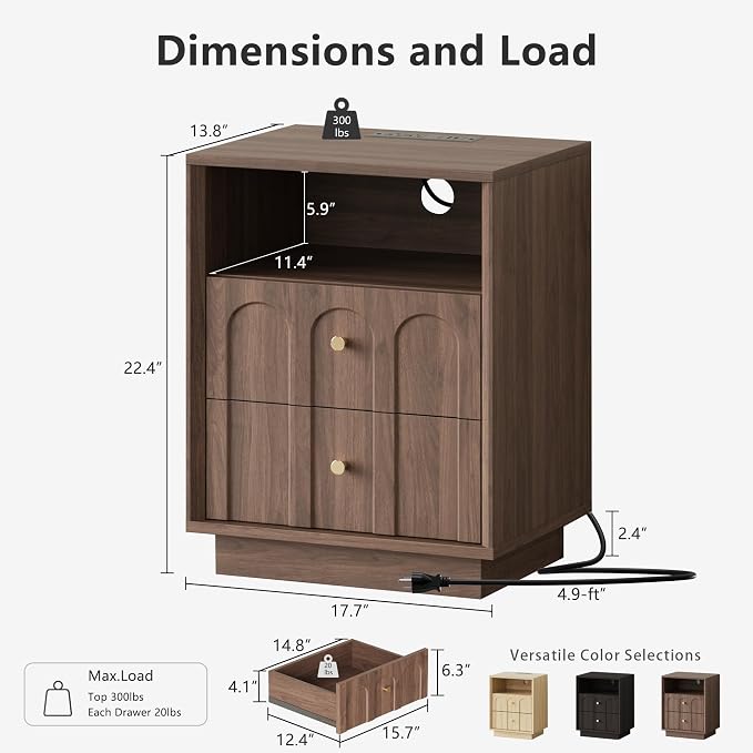 Nightstand with Charging Station, Mid Century Modern Nightstand with Arched - Image 2