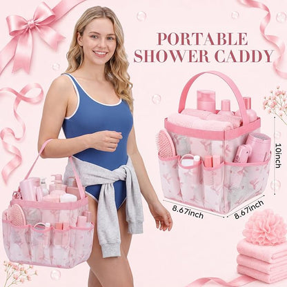 Pink Bow Mesh Shower Caddy for College Dorm Room, Coquette Preppy Hanging - Image 2