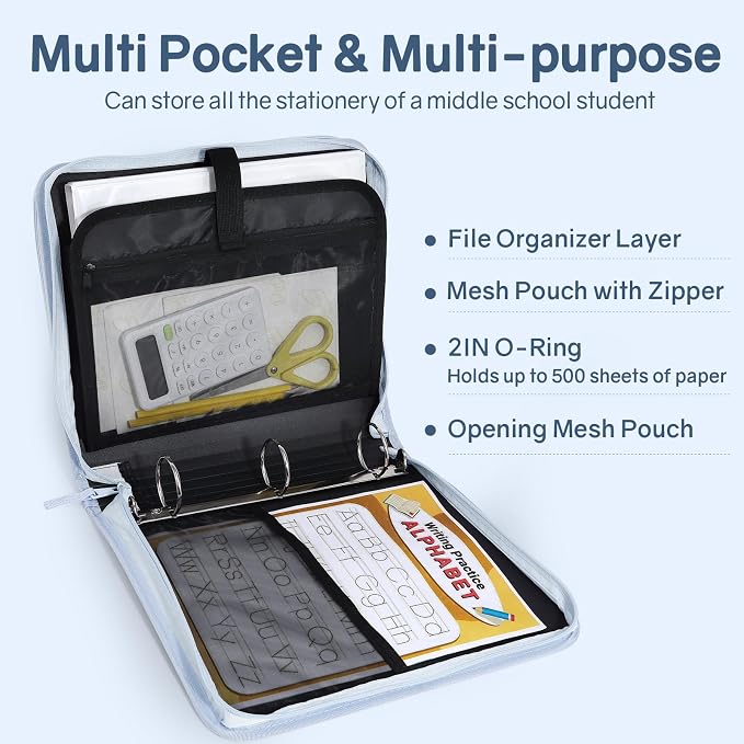 SUNEE Zippered Binder Bag with Handle, 2-Inch 3-Ring O-Ring, 500-Sheet Capacity - Image 3
