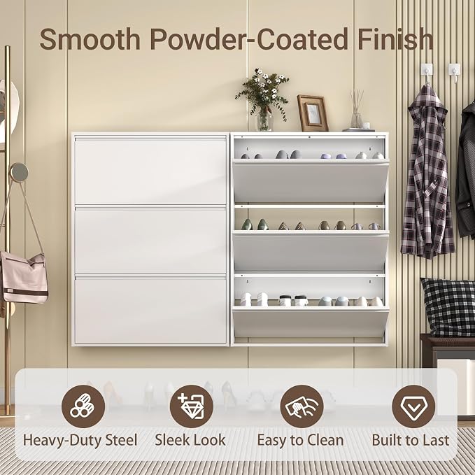 Metal Shoe Cabinet with 3 Flip Drawers, Slim Wall Mounted, Hallway and Mudroom - Image 3