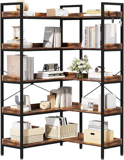 KOUSEI Bookshelf 5-Tier, L-Shaped Reversible Corner Bookshelf, Home Office by KOUSEI