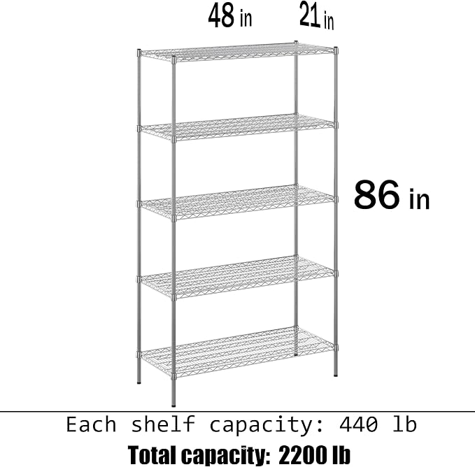 21" Deep x 48" Wide x 86" Height Wire Shelving Kit | 5-Tier | NSF Commercial - Image 3