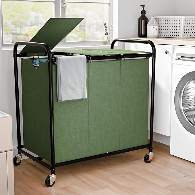 180L Laundry Sorter 3 Section, Rolling Laundry Basket by OLLDIDE
