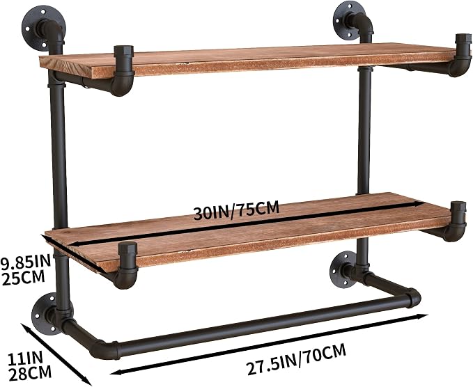 30in Industrial Pipe Clothing Rack, 2-Tier Wall Mounted Clothes Rack, Pipe - Image 7