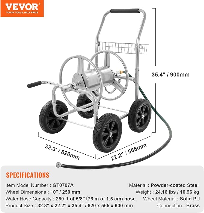 VEVOR Hose Reel Cart, 250 ft 5/8" Hose Capacity, 4 Wheels | Heavy Duty - Image 7