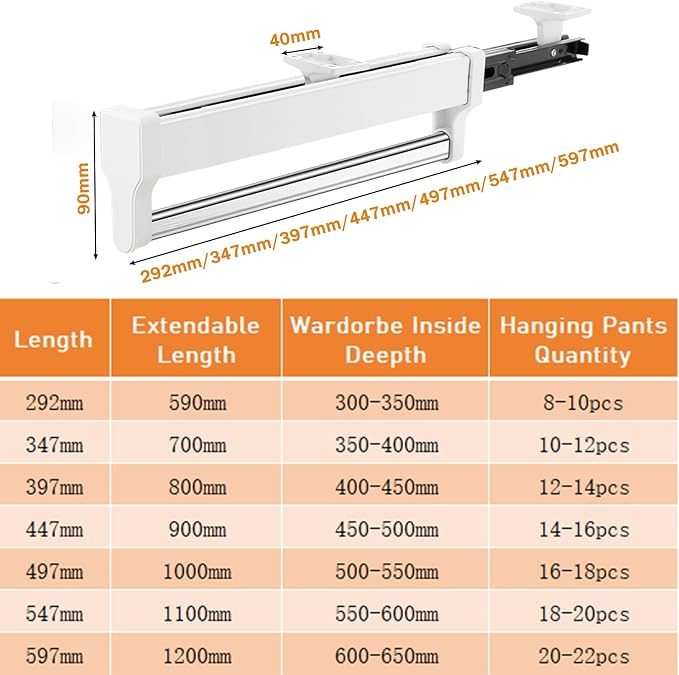Pull Out Closet Valet Rod, Adjustable Sliding Heavy Duty Steel Top Mounted - Image 2