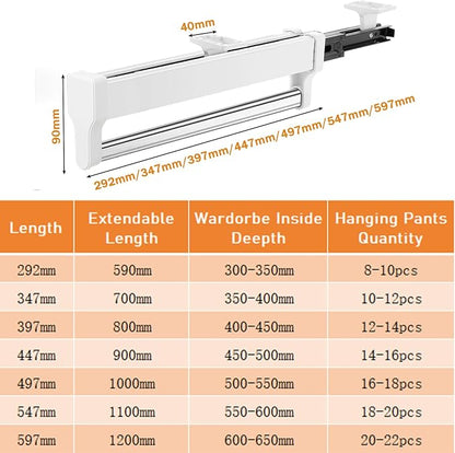 Pull Out Closet Valet Rod, Adjustable Sliding Heavy Duty Steel Top Mounted - Image 5
