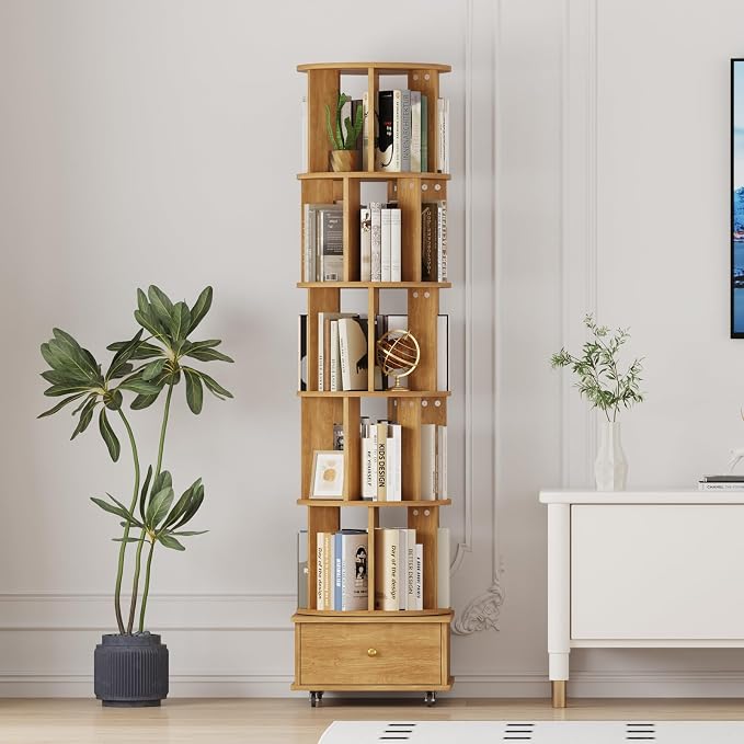 5-Tier Rotating Bookshelf with Drawers on Wheels, 360° Spinning Corner Bookcase - Image 8
