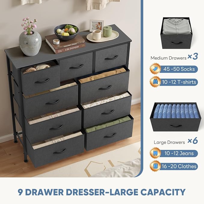 DUMOS Dresser for Bedroom, 9 Fabric Storage Tower Unit Dresser Organizer | Wood - Image 6