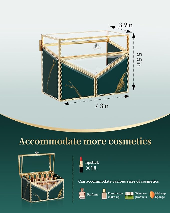 Glass Lipstick Organizer, 18-Slot Green Vanity Makeup Holder - Image 6