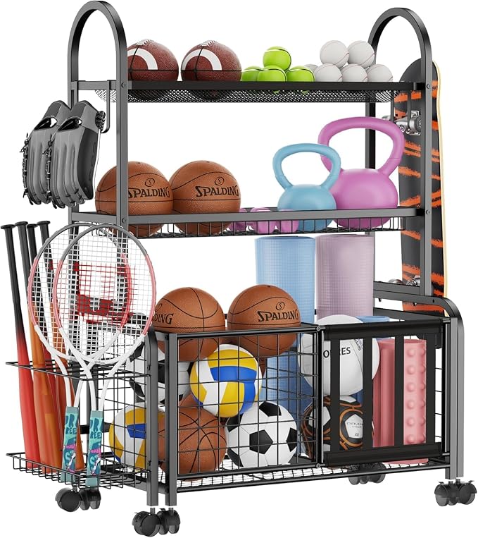 Garage Ball Storage, 2 in 1 Sports Equipment Organizer, Garage Organizer by FULOOPHI