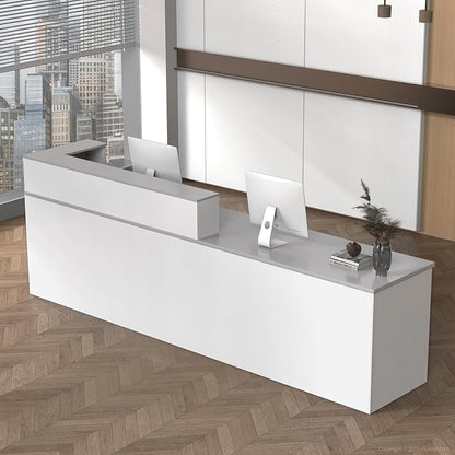 L Shape Reception Desk with Counter, Lockable Drawer, Keyboard Tray, and by Huariifowm