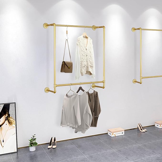Gold Wall Mounted Clothes Rack, Industrial Pipe Garment Rack Hanging Rod Bar - Image 3