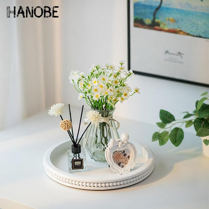 Hanobe Decorative Coffee Table Tray: White Beaded Round Serving Tray Modern - Image 3