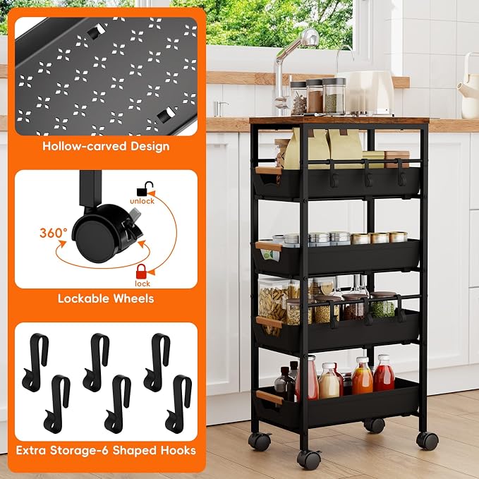 5-Tier Slim Storage Cart, Wooden Top Rolling Kitchen Cart - Image 6