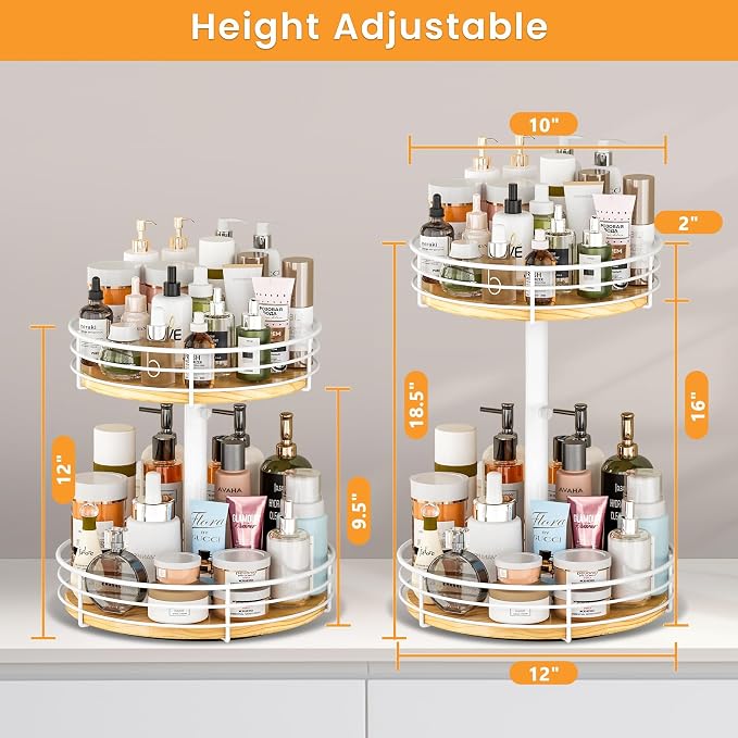 Two Tier Lazy Susan Organizer Turntable, 12 Inch, Rotating Spice Rack, Wood - Image 4