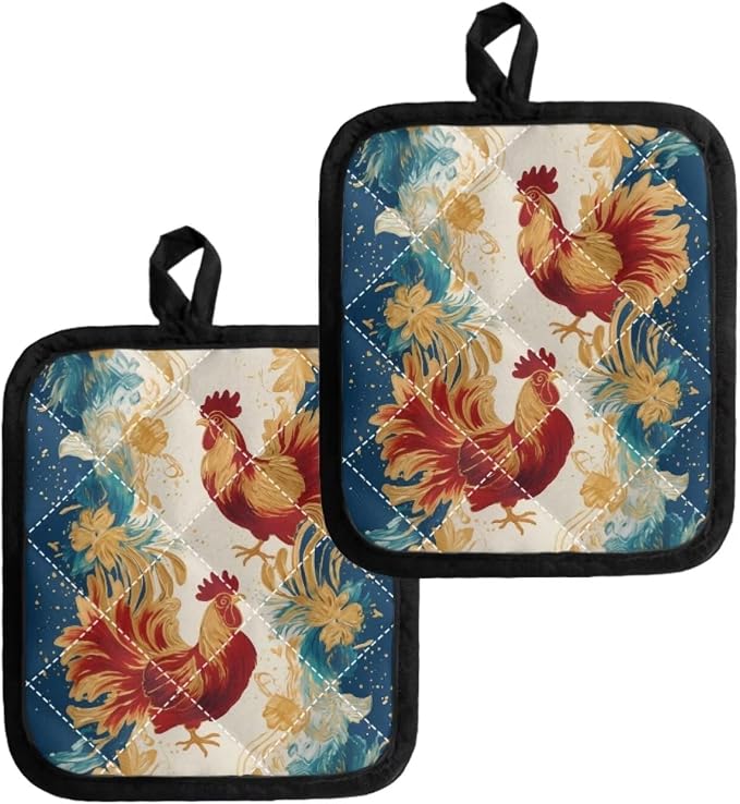 Gold Red Chicken Rooster Flower Pocket Pot Holders Heat Resistant Potholder - Image 2
