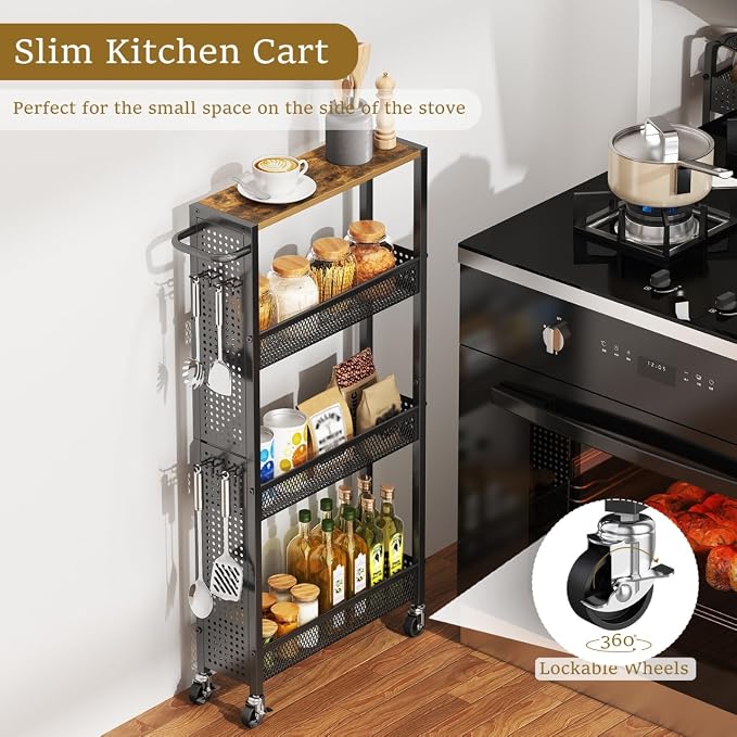 Utility Slim Storage Cart 4 Tier Small Rolling Kitchen Laundry Room - Image 2