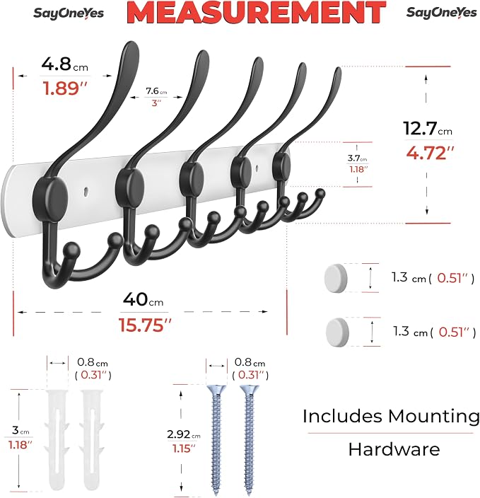 Coat Rack Wall Mount with 5 Tri Hooks, Stainless Steel 16 Inch – White & Black - Image 2