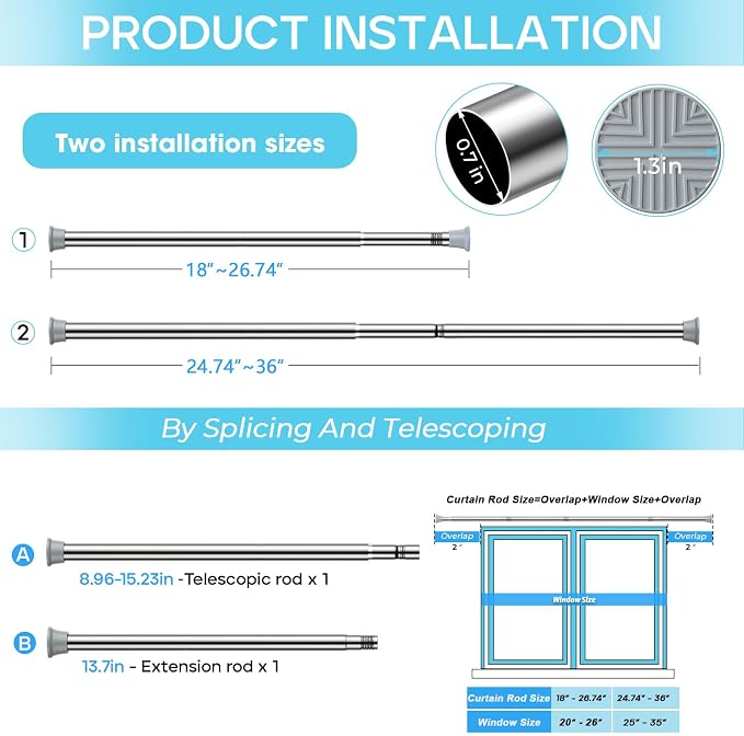 Spring Tension Curtain Rod 18-36 inch, Adjustable Expandable Tension Curtain - Image 3