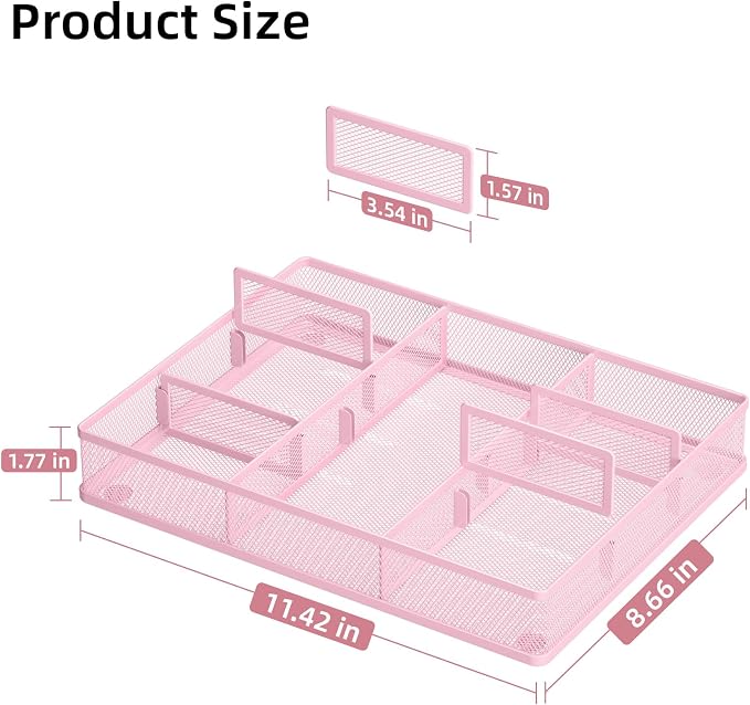 Marbrasse Pink Desk Drawer Organizer, Metal Mesh Drawer Organizer Tray - Image 2
