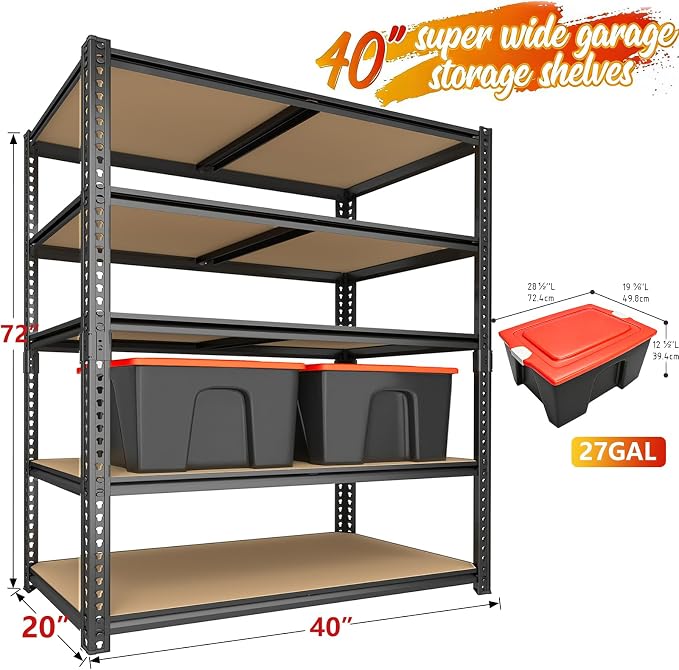 40W Garage Storage Shelves, Garage Shelves Heavy Duty, 5 Tier Shelving Unit - Image 3