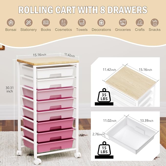 Rolling Cart with 8 Drawers, Storage Drawers Cart with Wooden Tabletop and - Image 2