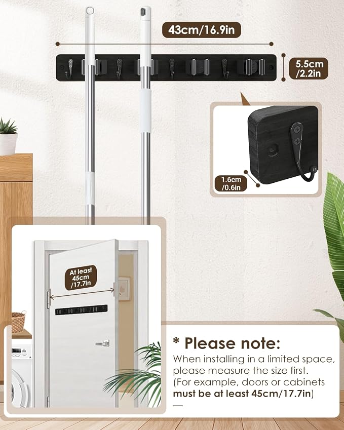 AceMining Broom Holder Wall Mounted, Wooden Mop and Broom Holder - Image 4
