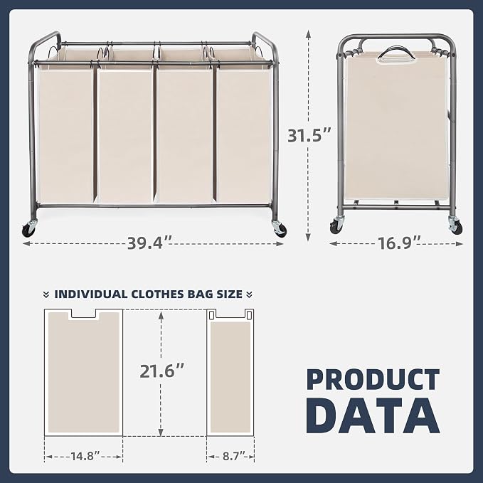 STO STO Laundry Sorter 4 Section, 4 Bag Laundry Hamper, Rolling Laundry Cart - Image 6