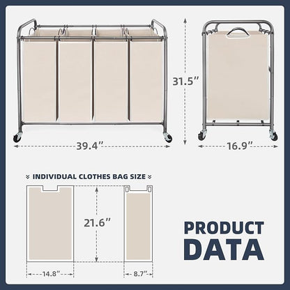 STO STO Laundry Sorter 4 Section, 4 Bag Laundry Hamper, Rolling Laundry Cart - Image 6